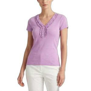 Lauren Ralph Lauren Women's Purple Ruffle Henley V-neck SS T-Shirt Size M-Pet